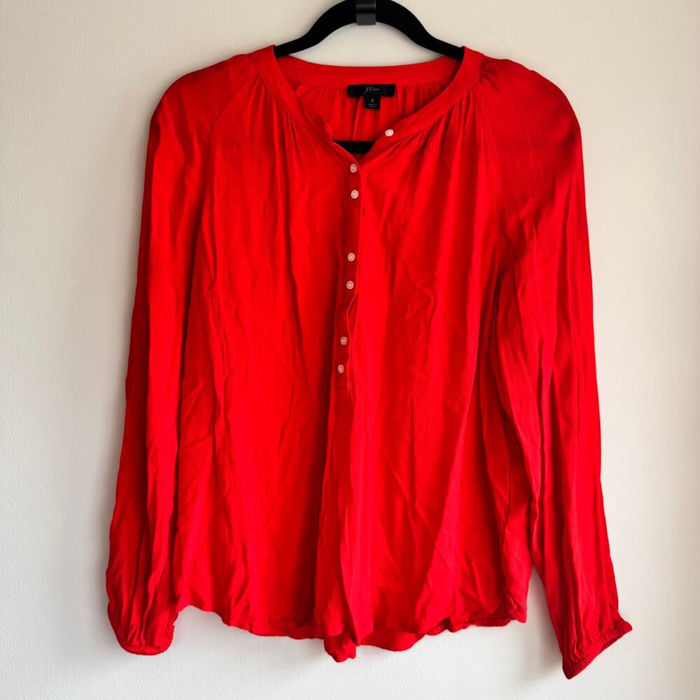 J.Crew Button Front Blouse Bright Red Crepe Round Neck Long Dolman Sleeve Size S
